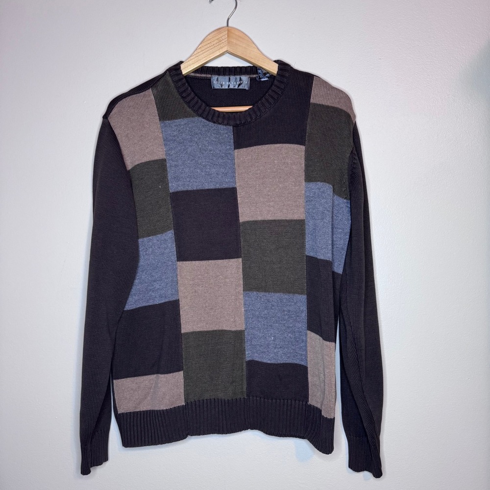 Oscar de la Renta Mens Colorblock Patchwork Crewneck Sweater Brown Blue Large
